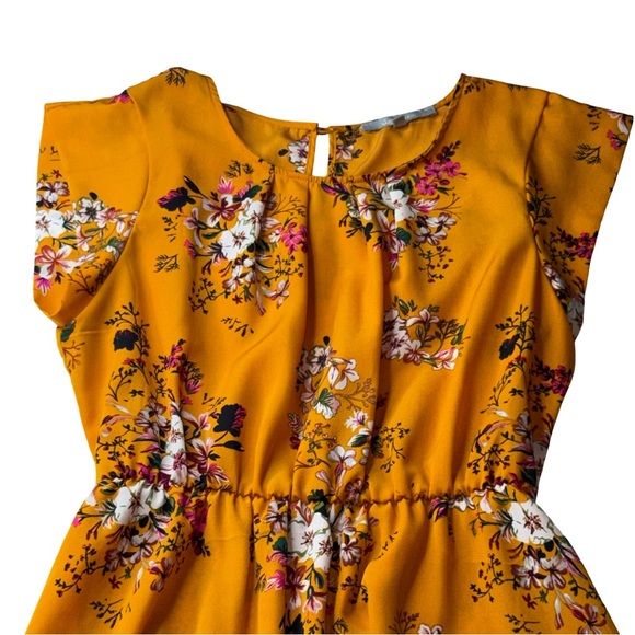 Sweet Rain Mustard Floral Dress Size L Boho Short Sleeve - Picture 4 of 8